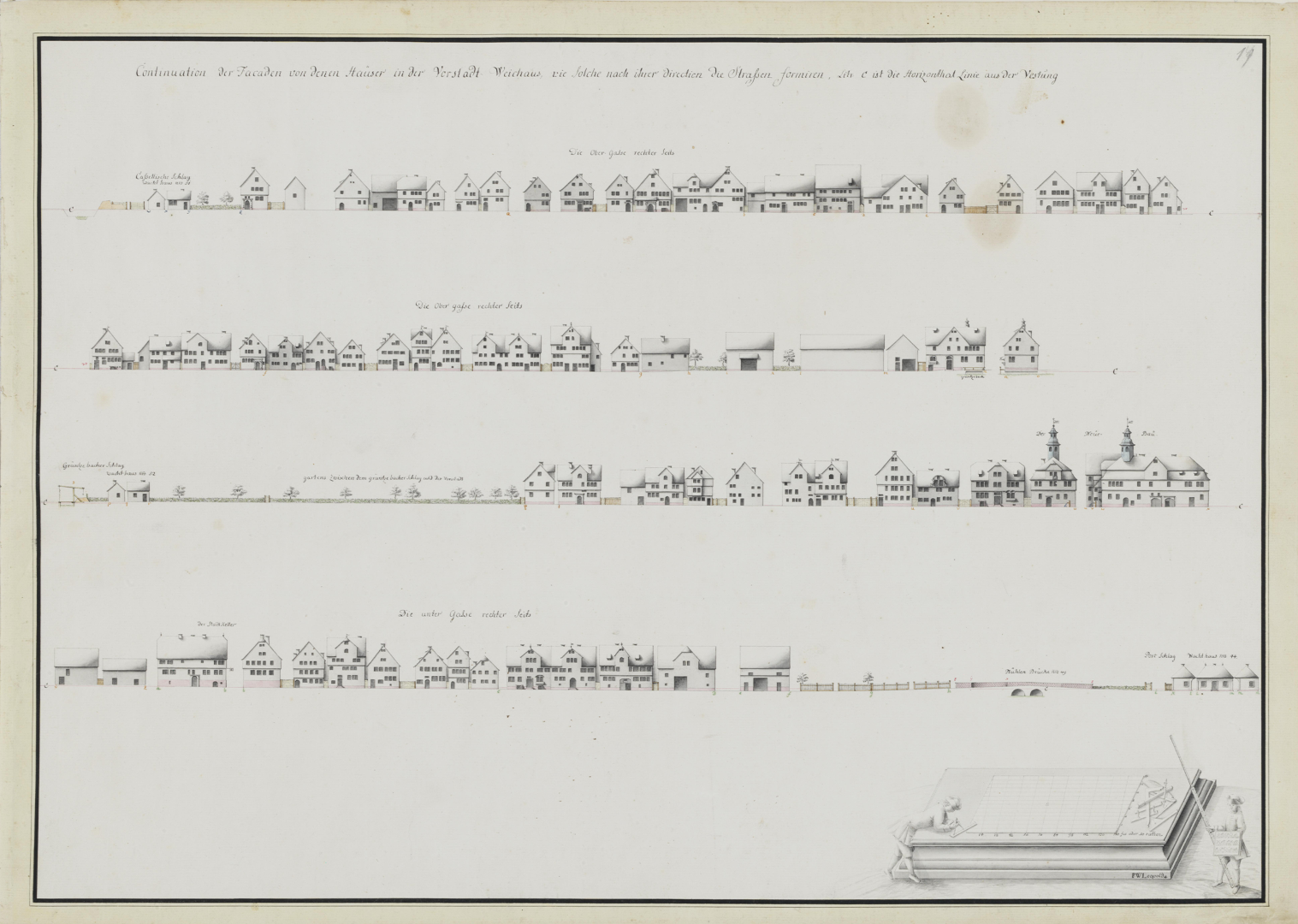 Fassadenzeichnung von Häusern in der Vorstadt Weichaus bei Ziegenhain